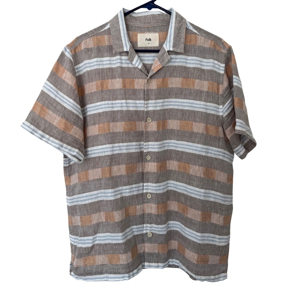 Folk Mens Linen Blend Striped Short Sleeve Button Up Shirt Textured Medium‎